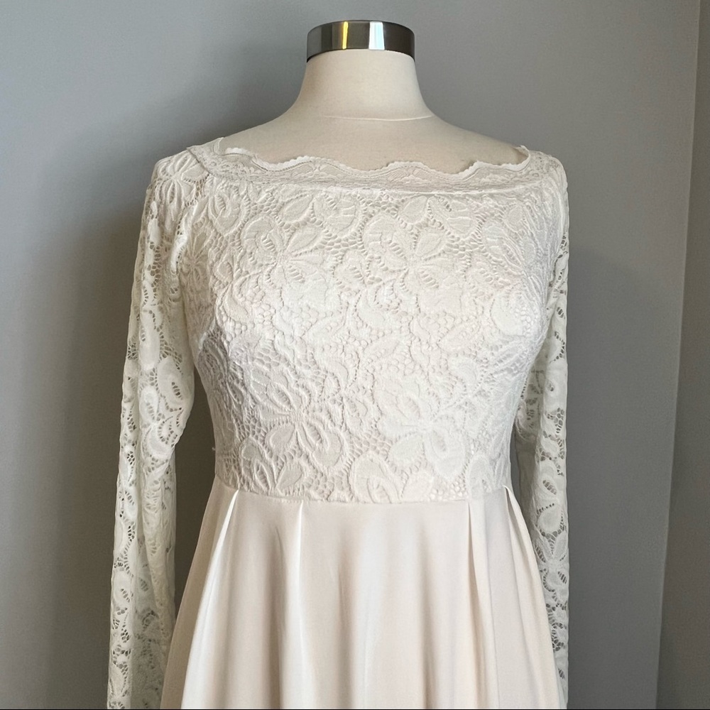 NWT Finejo Size Medium White Empire Waist Dress Lined Bodice Embroidery Lace